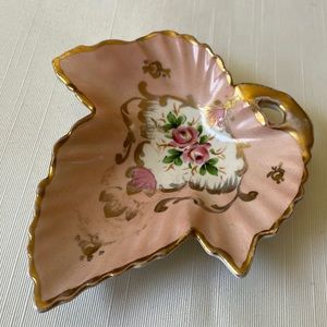 Vintage Collectible Amoges hand painted leaf trinket dish pink gold roses
